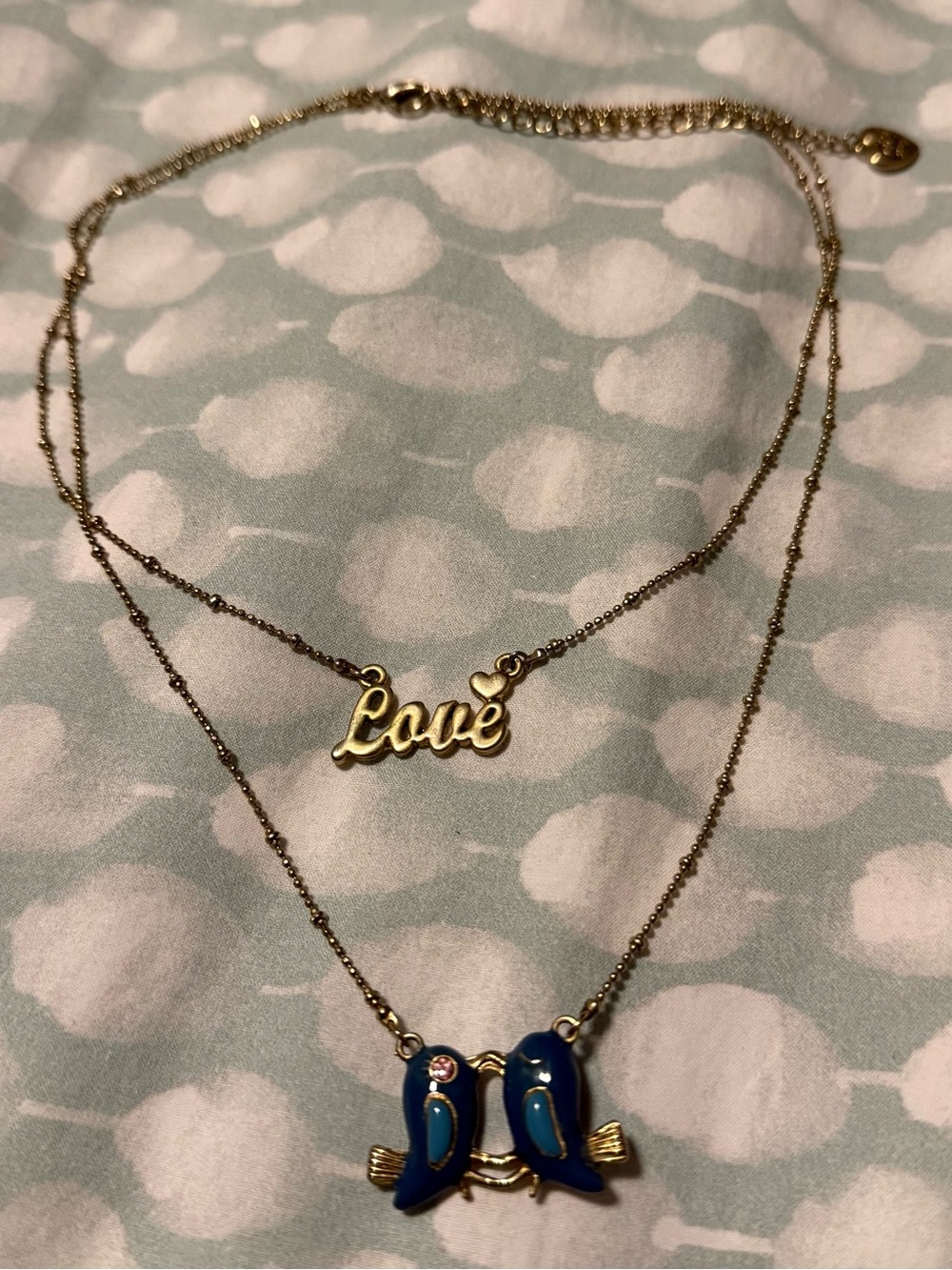 Vintage Betsey Johnson Gold Tone 'Love' Layered Necklace kissing Blue Birds